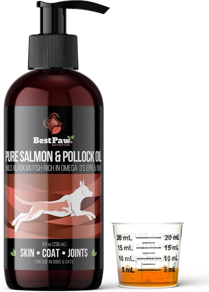 Pure Wild Alaskan Salmon & Pollock Oil for Dogs & Cats Skin and Coat - Fish Oil Liquid with Pump - Stöder Joint Function & Heart Health - Omega 3 Liquid Food Supplement - All Natural EPA + DHA - 8oz