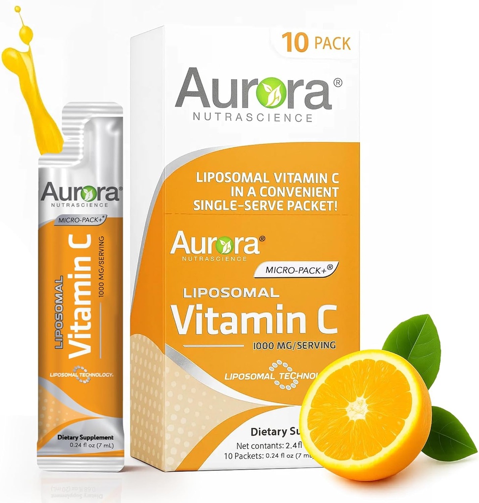 Aurora Nutrascience Micro-Pack Liposomal Vitamiini C, Immunosupport, 1000 mg per Serving, Vegan, Gluteeniton, ei-GMO, 10 Single Serve Packets, Oranssi