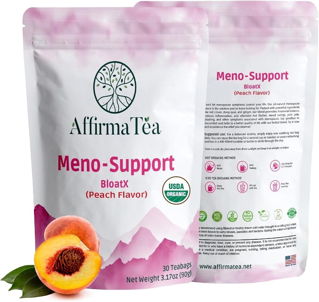 Meno-Support BloatX Organic Menopause Relief: Balances & Tukee Hot Flashs, Hormonit, Moods Swings, Night Sweats, & turvotus W/Black Cohosh, Red Clover & Dong Quai. Luonnollinen persikkamaku.