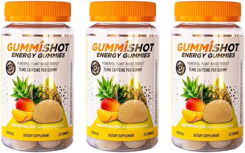 GummiShot Energy Gummies, 2475 mg växtbaserade koffein Chews per flaska, långvariga energiboosters, tropiska 33 greve (Pack of 3)