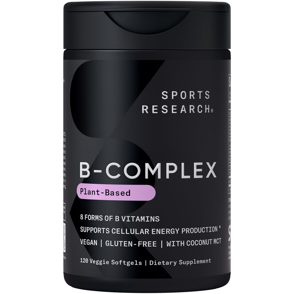 Sports Research® Vitamin B-Complex - Fullt spektrum av B-vitaminer med metylerad B12 & folat - Glutenfri · Plantbaserad · Icke-GMO · Veganvänlig formel - 120 Veggie Softgels