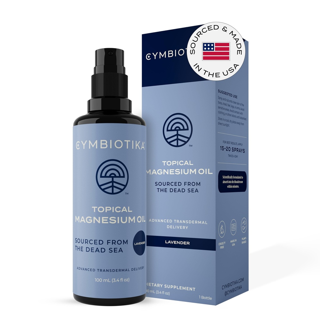 CYMBIOTIKA Uutinen Magnesiumöljysumute kehon, USA Made, täydentää jalkakramppeja, lihasten, Joint Health & Sleep Support, sisältää magnesiumkloridi, Laventeliuute, Aloe Vera - ihon lisälaite