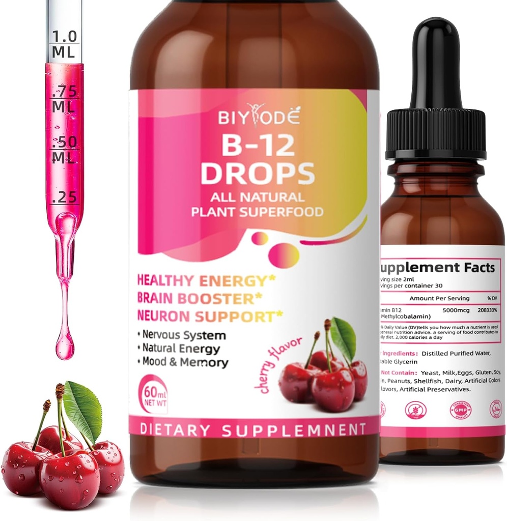 B12-vitamiini 5000 mikrog Liquid Drops Kaikki Natural Plant Superfood Terveet energia aivot Booster Neuron Tuki Hermosto Natural Energy Mood Muisti 60 ml Net Wt Cherry Flavor