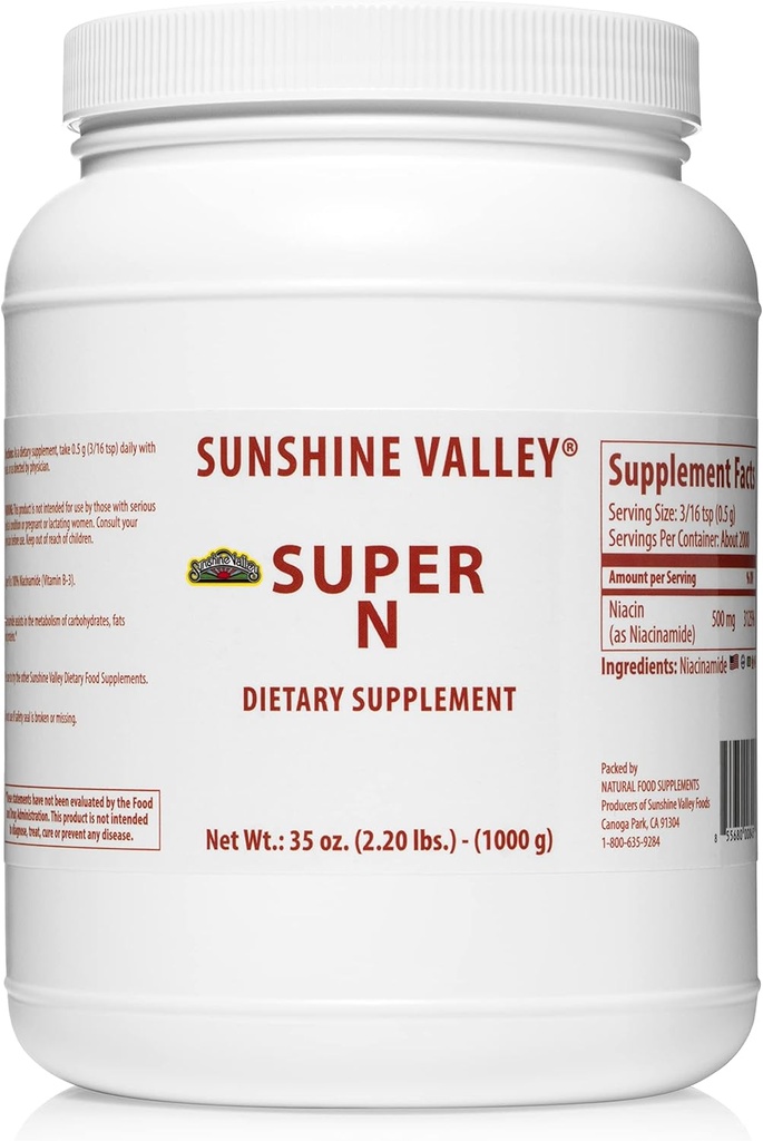 Sunshine Valley® Super Niacinamidi Powder (35 oz) - Niasiini B3-vitamiinin ravintolisä energialle, digestiolle, anti-aging & terve iho - luonnollinen, flush-free
