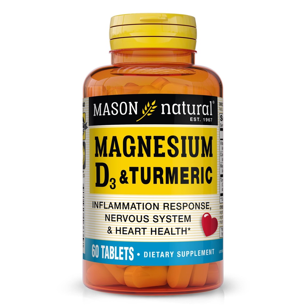MASON LUONNOLLINEN Magnesium ja D3-vitamiini sekä kurkuma, 60 päivän ravintolisä 500 mg magnesiumilla, 3000 IU D3-vitamiinilla ja 150 mg kurkumalla