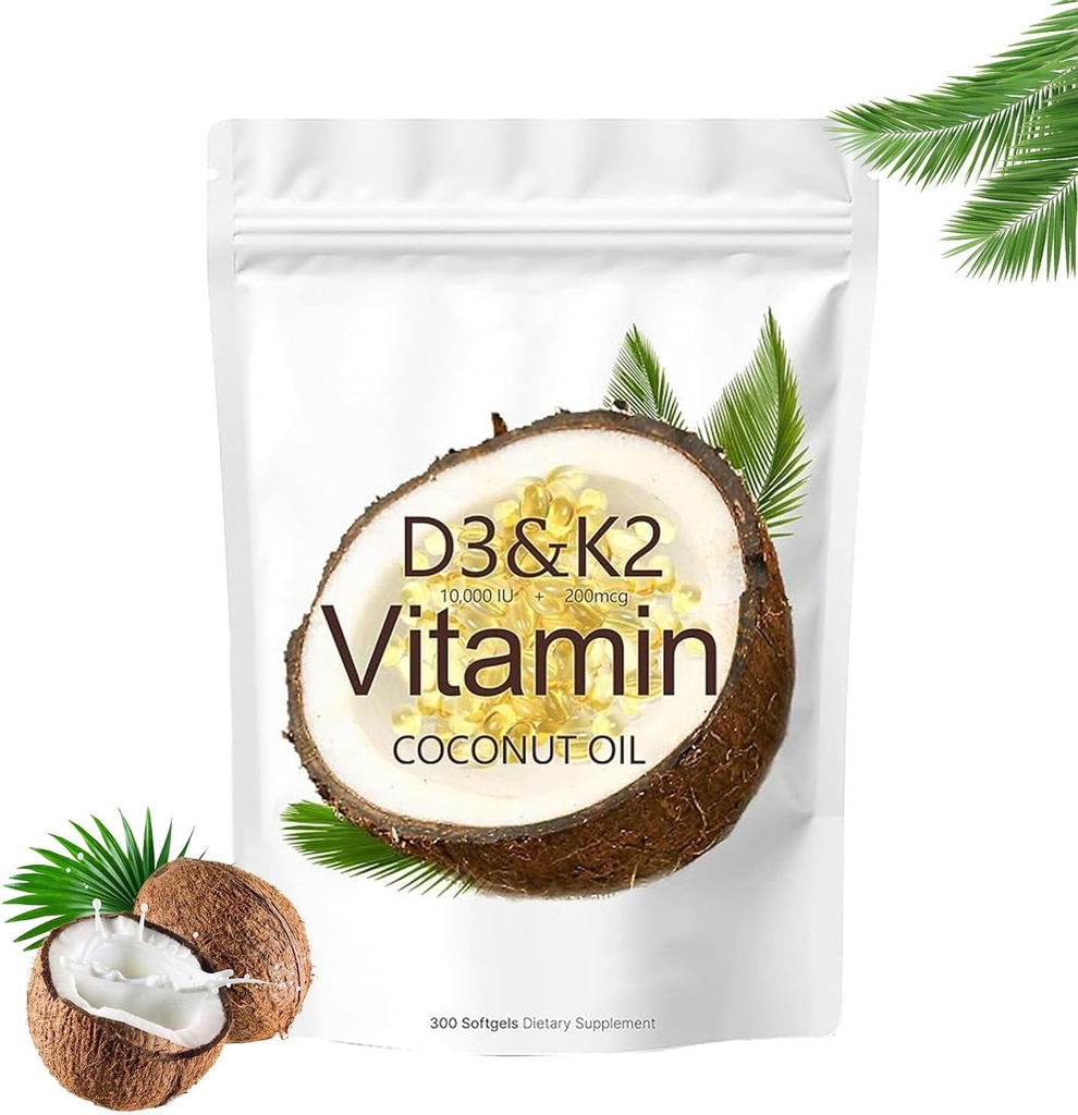 Vitamin D3 K2 Supplement Softgels, 10000 IE D3 + 200 mcg K2, Non-GMO, Gluten Free, Soy Free, 300 greve