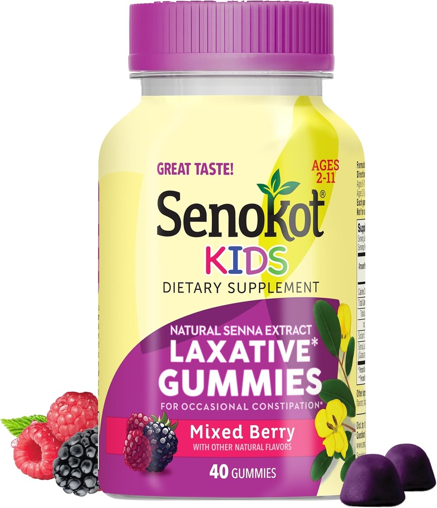 Senokot Kids Mixed Berry Laksative Gummies for Age 2+, Senna Extract for Gentle, Yöpymisen lievitys satunnaisesta ummetuksesta, 40 lla