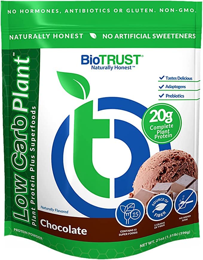 BioTrust Low Carb Plant, herkullinen, kermainen, 20 gramman puhdas, täydellinen, kasvipohjainen proteiini, 5 gramman kuitu, 15 Superfoods, Dgestive Enzymes, Vegan, Dairy-free - 14 tarjoilut (suklaa)