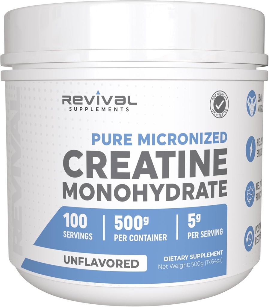 Revival Premium Micronized Creatine Monohydrate - HPLC Testad 100% ren Grade - 500 g (100 portioner) - Stöder Lean Muscle Growth - Maximal Absorption - Unflavored - Made in USA & 3rd Party Lab Tested