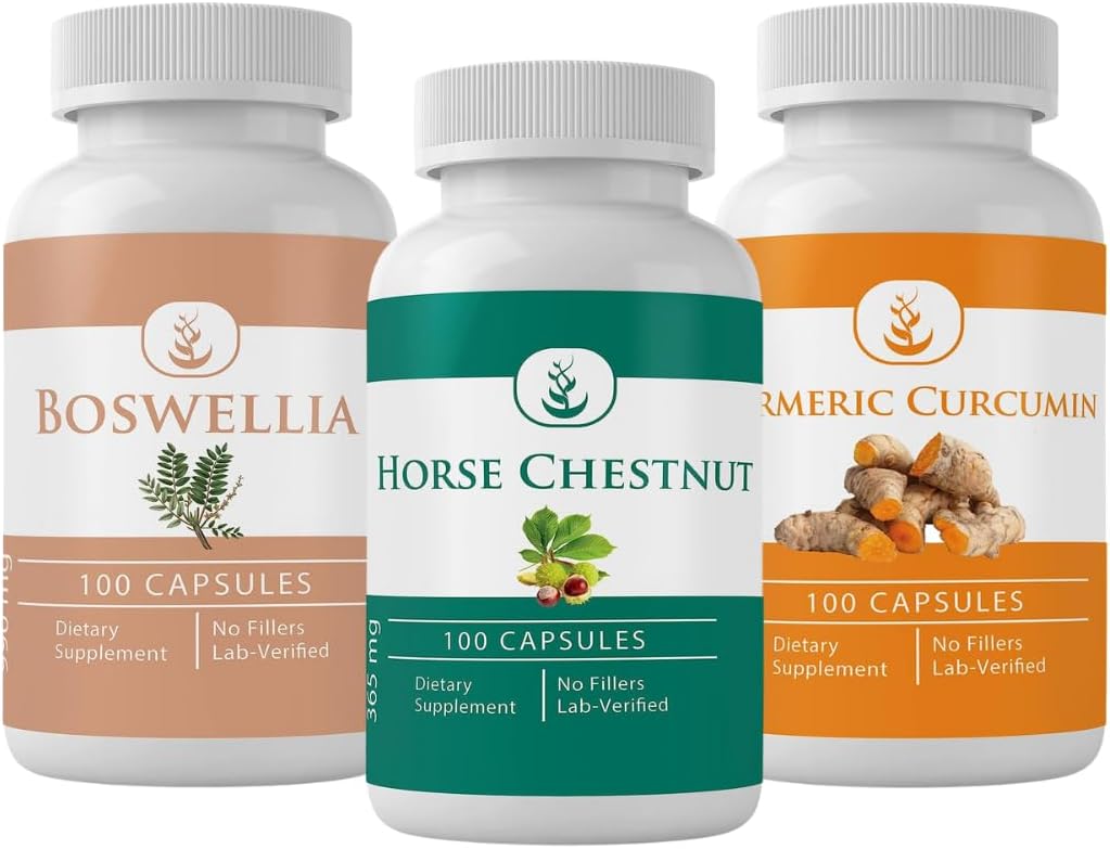 PURE ALKUPERÄISET ingredients Horse Chestnut, Boswellia, ja Turmeerinen kapseli Bundle, 100 kapselia Jokainen, aina puhdas, ei lisäravinteet tai täytteet