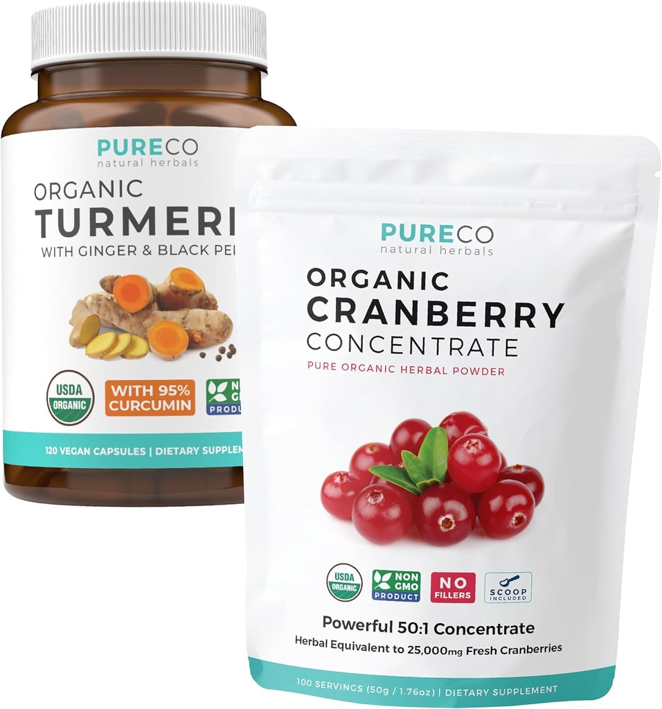 Gurkmeja & Cranberry Powder (3-månaders leverans) Berry Turmeric Blend Bundle of Organic Turmeric Curcumin med Black Pepper & Ginger (120 Caps) & Organic Cranberry Concentrate Powder Extract (100 Scoop)