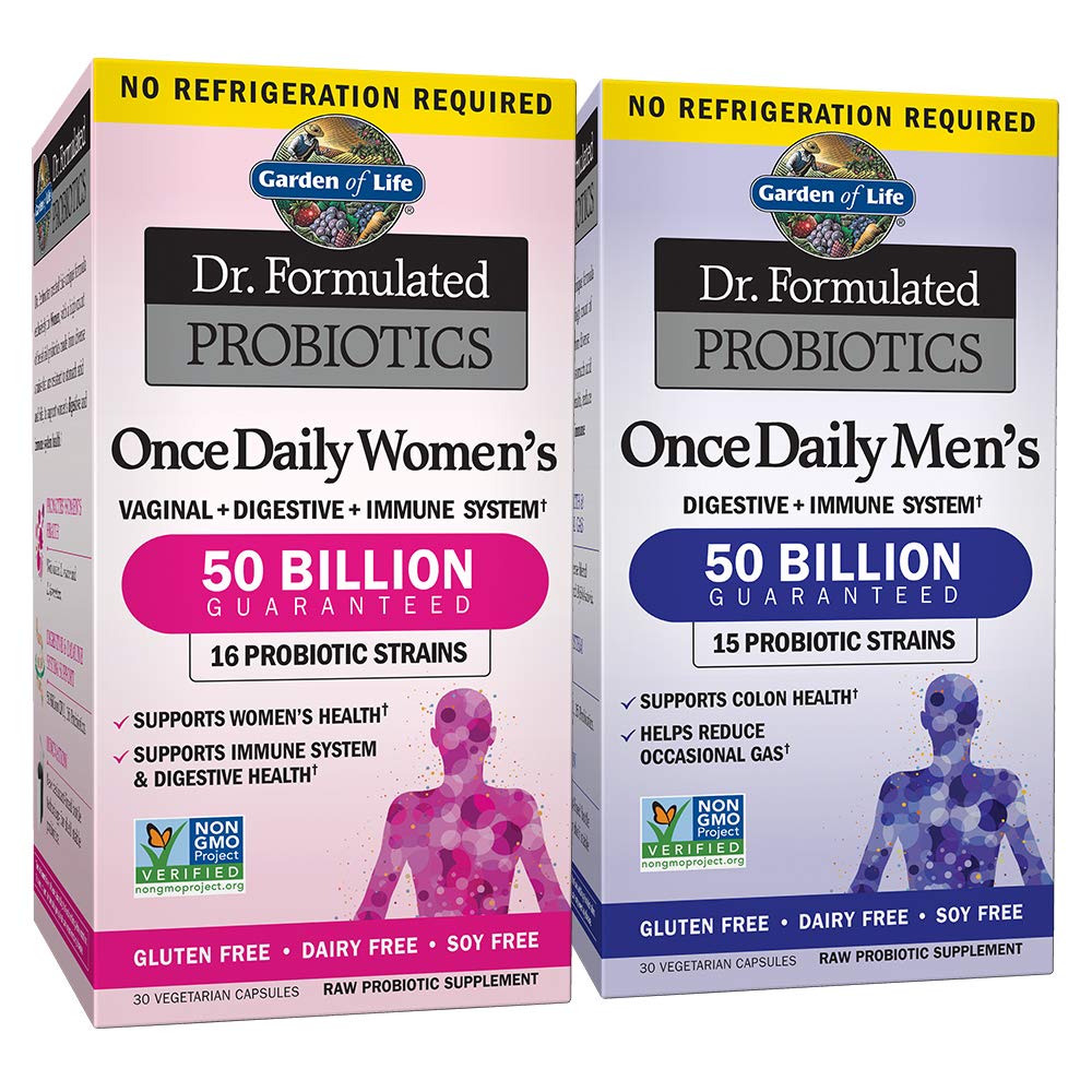 Puutarha Life Probiootti Bundle: Dr. Formulated One Daily Women. & Men's Probiootit, 50 miljardia PMY Hylly Vakaa, ei-GMO Probiootti miesten & naisten prebioottikuitua, 30 kapselia Jokainen