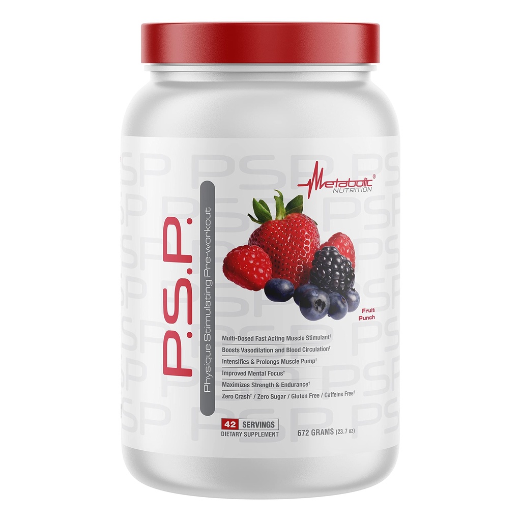 Metabolinen ravitsemus P.S.P. Fysiikka stimulointi PreWorkout 672g nolla sokeri kofeiiniton (Fruit Punch)