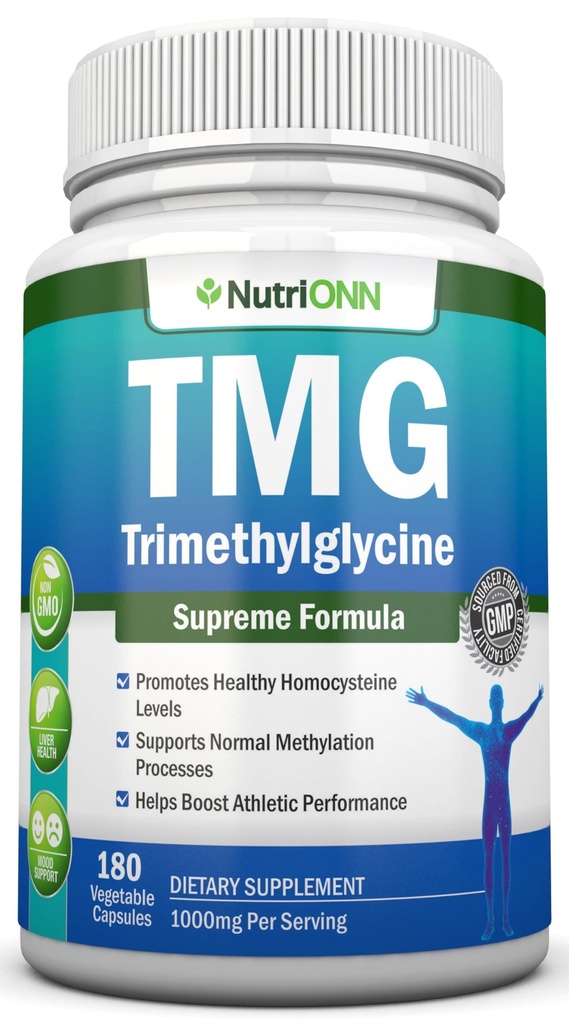 TMG Trimetyyliglysiini Supplement - 1000 mg - 180 kapselia - Premium Pure Betaine Vedetön - Tukee normaalia homokysteiini & verenpainetasot - edistää metyyliprosessit - ei-GMO Formula