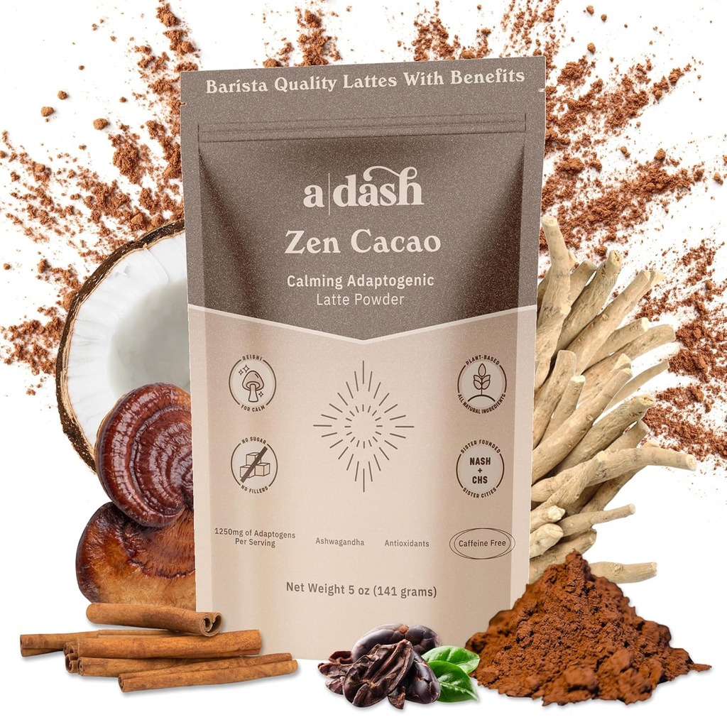 En Dash Zen Cacao Latte, Chocolate Mushroom Coffee Alternative Made med Adaptogens, Ashwagandha, & Cinnamon Root Extract, Mushroom Hot Coco utan koffein (20 portioner)
