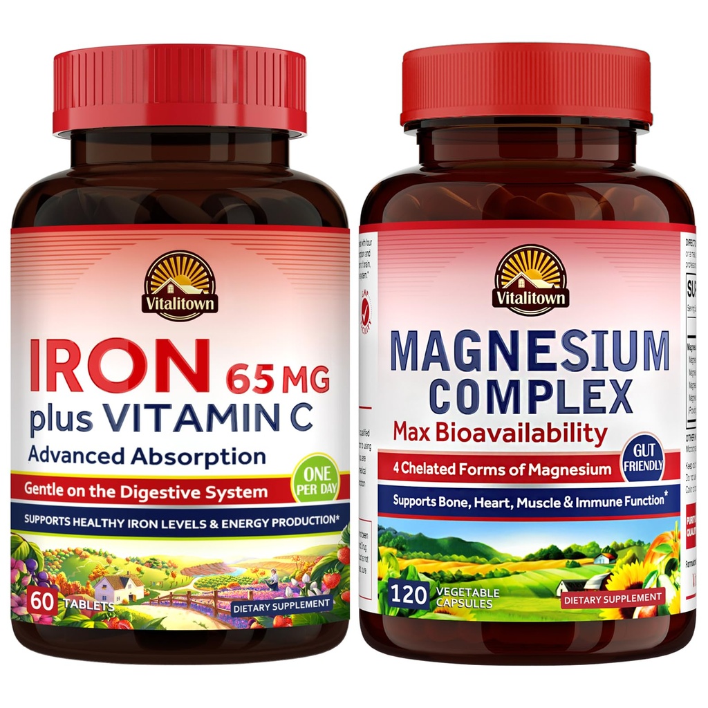 Vitalitown Magnesium Complex Supplement 500 mg & 65 mg Iron Supplement for Women Miehet, unen, lihasten, veren rakentamisen ja energian parannus