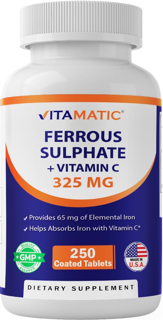 Vitamatic Ferrous Sulfate 325 mg ja C-vitamiini 100 mg (65 mg Elementaalirauta) ... Korkea Potenssi Rauta Supplement ... Ei keinotekoisia värejä... 250 päällystettyä tablettia, valmistettu Yhdysvalloissa