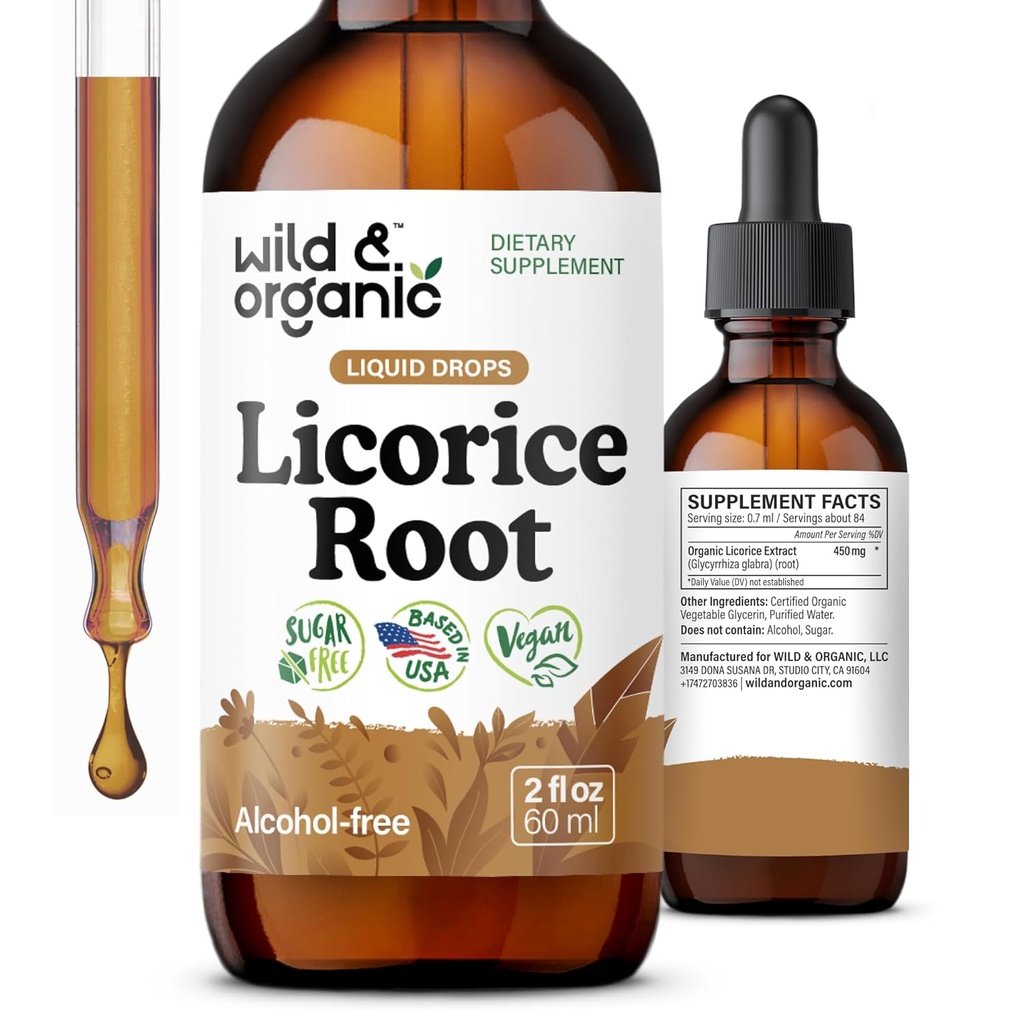 Wild & Organic Licorice Tincture - Ruoansulatuskanavan tuki - Pure Licorice Root Extract Drops - Glycyrrhiza Glabra - Vegaani, sokeri & alkoholiton täydennysosa - 2 fl oz