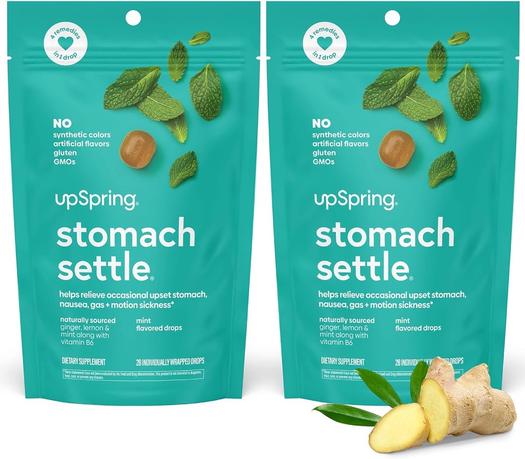 UpSpring Stoach Settle Drops satunnaisia pahoinvointi helpotusta, vatsavaivat ja liike sairaus inkivääri, sitruuna, Spearmint ja B6, minttumaku Drops, 56ct (paketti 2)