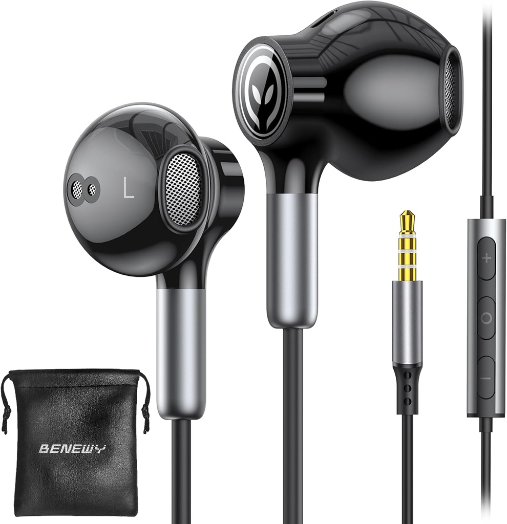 BENEWY Wired Earbuds with Microphone, Wired Earphones in-Ear Headphones, Volume Control, Powerful Bass och Clear Audio, 3,5 mm Jack Earbuds för iPhone, iPad, Laptop, Computer, MP3