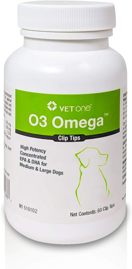 VetOne: O3 OmegaTM Clip Tips Nutritional Supplement med Omega 3 fettsyror - Medium och stora hundar (60 greve flaska)