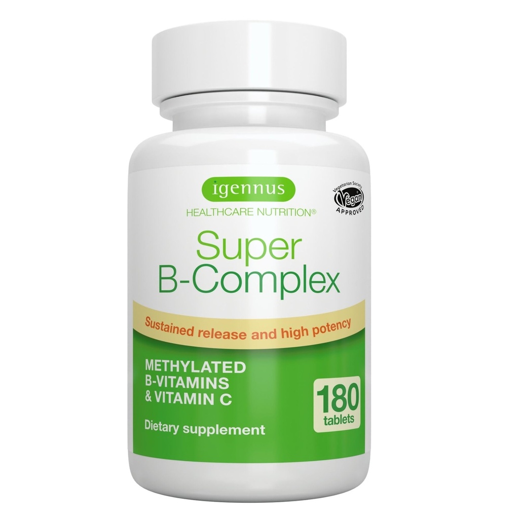 Igennus Super B-Complex Methylated B-Vitaminer - Sustained Release, Clean Label & High Absorption, med 5-MTHF Folate & Methyl B12, Energy, Mood & Cognitive Performance, Lab Verified, 180 små tabletter