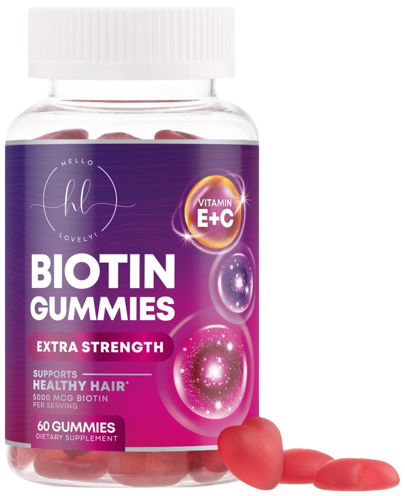Hiusvitamiinit Gummy Biotin 5000 mikrog - hiusten kasvua tukea vitamiineja E & C ticker, vahvempi & kaunis hiukset - hiukset iho ja kynnet vitamiini naisille, ei-GMO, Gluteeniton - 60 Gummies