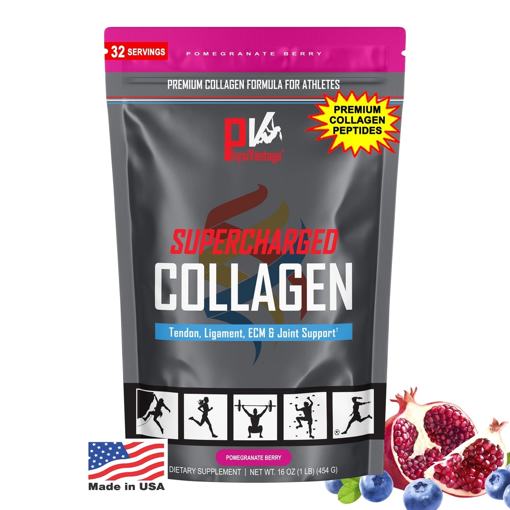 PhysiVantage Supercharged Collagen Peptides Powder - Hydrolyzed Collagen för Joint, Tendon, Ligament, & Skin Health Support - Pomegranat, Keto, Paleo, 16oz | Förbättrad med vitamin C, BCAAs, Grass-Fed