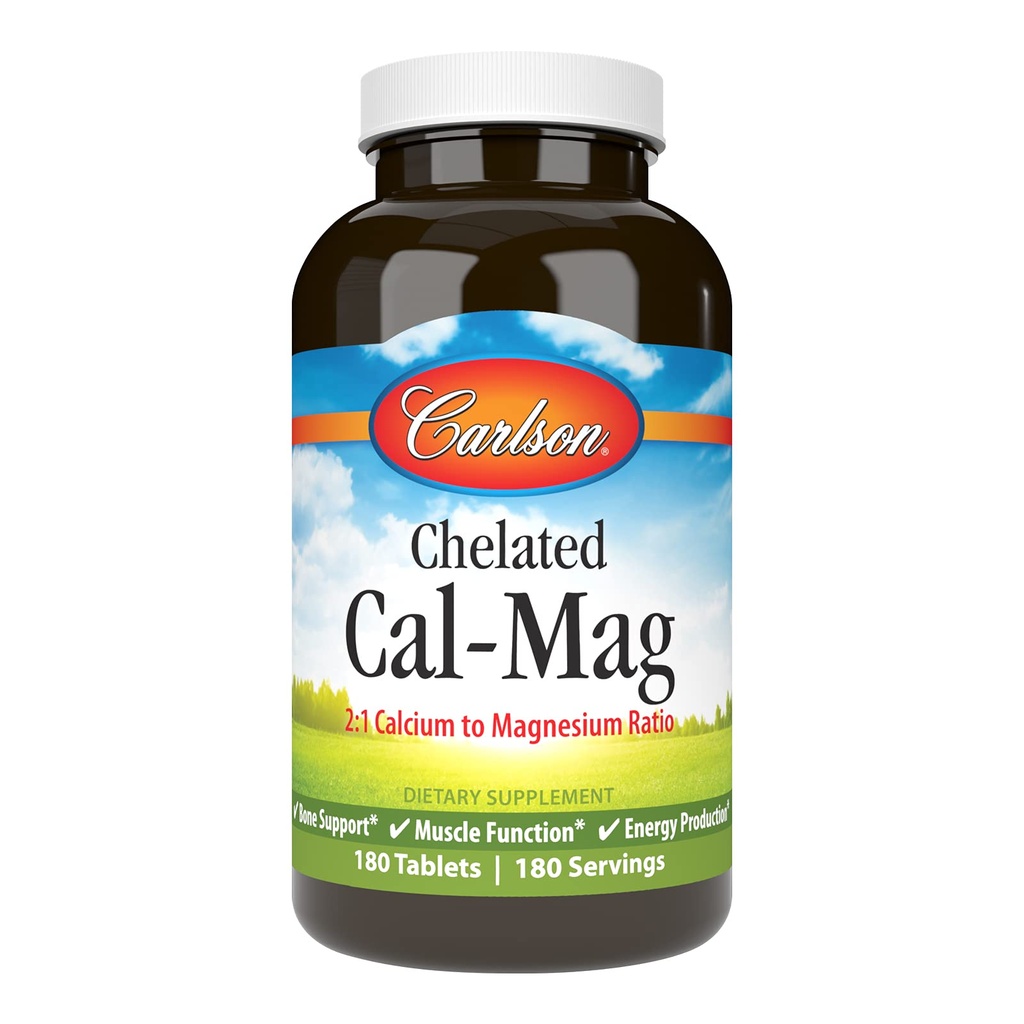 Carlson - Chelated Cal-Mag, 2:1 Calcium till Magnesium Ratio, Bone Support, Muscle Function & Energy Production, 180 tabletter