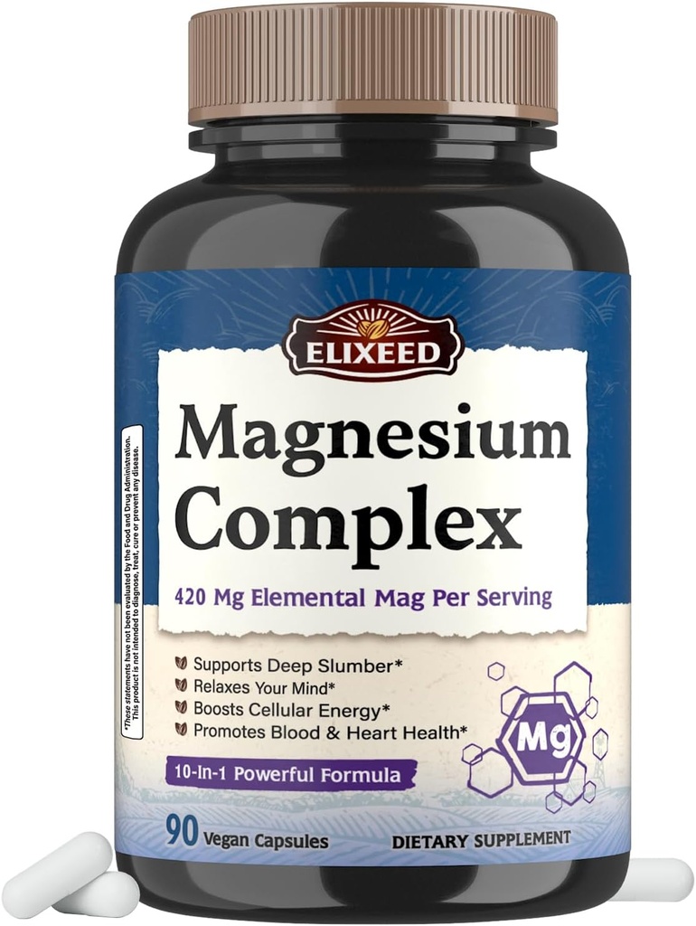 Chelated Magnesium Complex Supplement 960mg per Serving, 10 lomakkeet, Magnesium Glycinate, Sitraatti, Malaatti, Taurate & enemmän, tuki uni & energia, korkea imeytyminen, 90 vegan Caps
