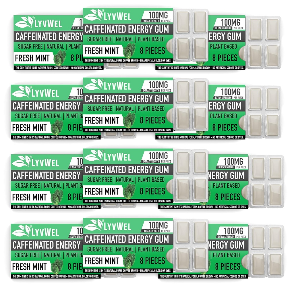 LyvWel Energy Gum | 100mg koffein per pärla | All Natural | Sugar-Free Pre-Workout Boost: Ditt Essential Energy Supplement för att stanna vaken-kartong 12 pack (Mint-12 pack)