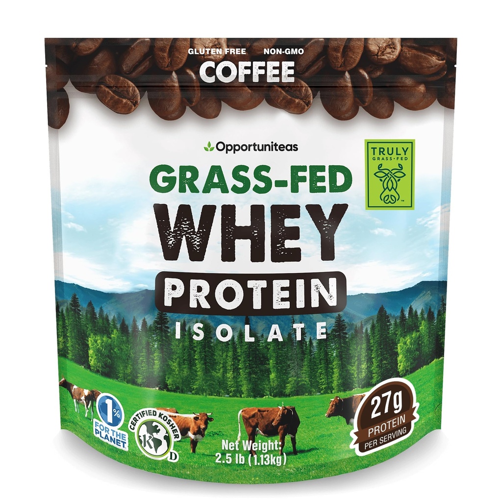 Opportuniteas Grass Fed Coffee Whey Protein Isolate Powder - 27g Protein Powder ilman keinotekoisia makeuttajia, Hormonittomia lehmiä, non GMO - 2.5lb