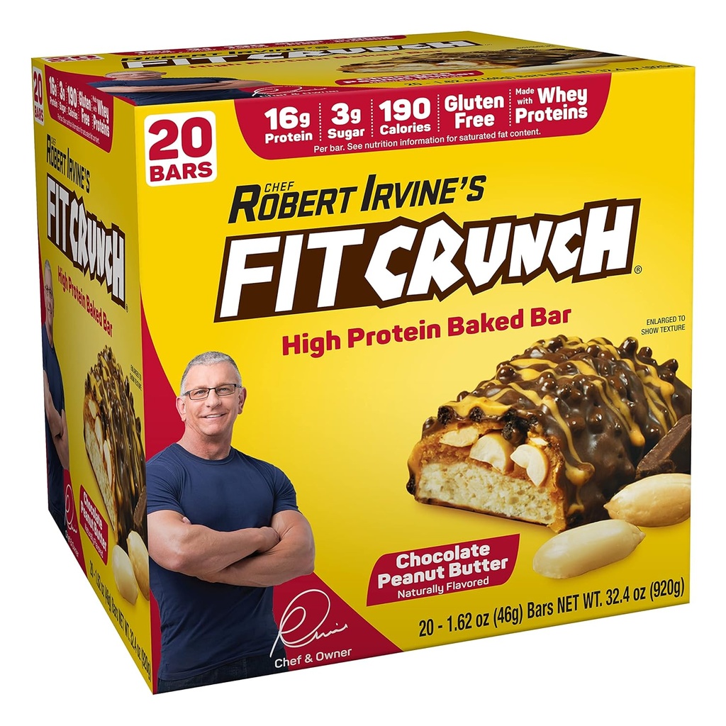 FITCRUNCH Proteiinipatukat, Välipalan kokoinen Value Pack, gluteeniton, valmistettu Whey Proteins (20 Välipalat, maapähkinävoi)