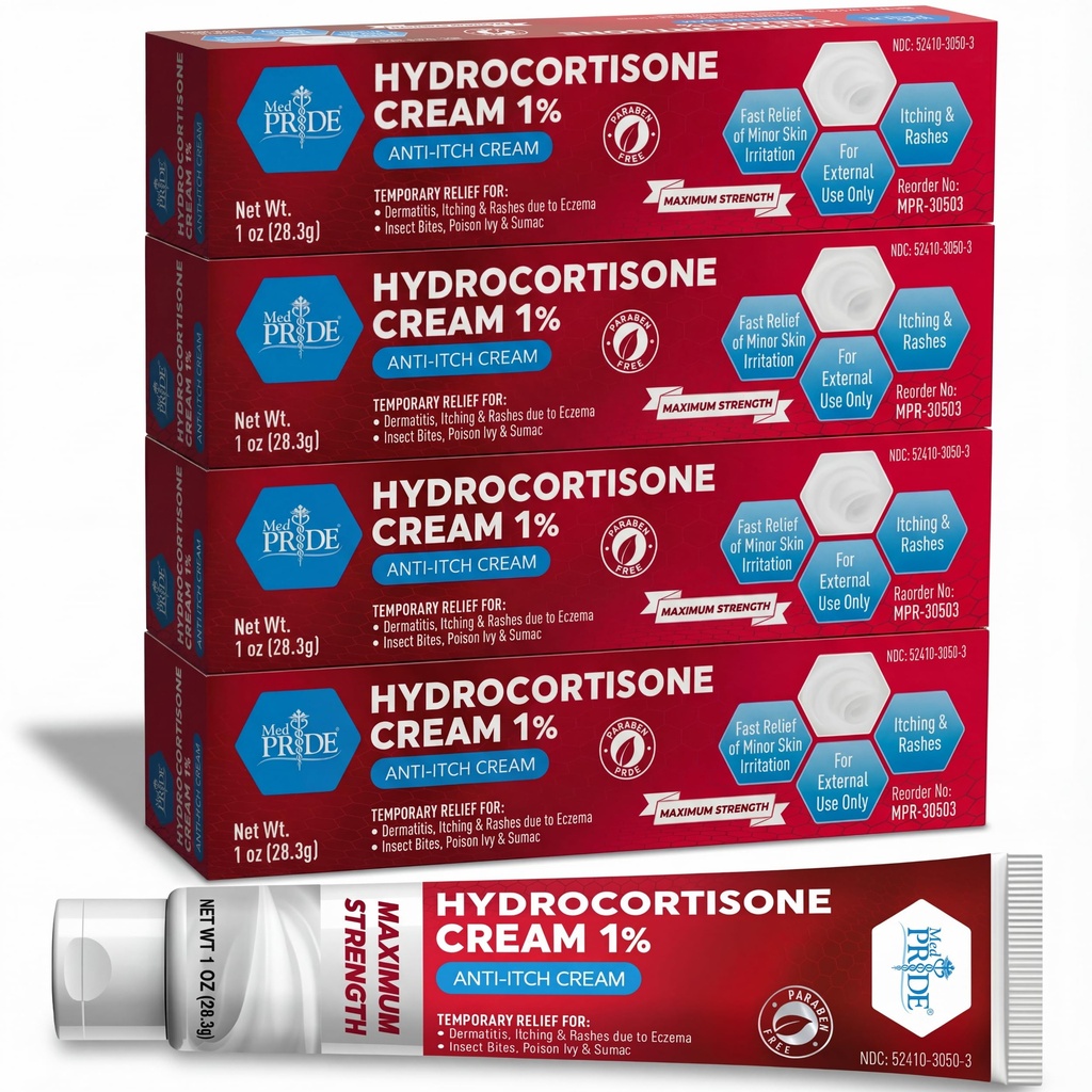MED Pride Hydro Cortisone (Hydrocortisone) Cream 1% OTC Bulk Pack med 4 X 1 Oz Anti-Itch Ointment för Rash, Eczema, Bug Bites