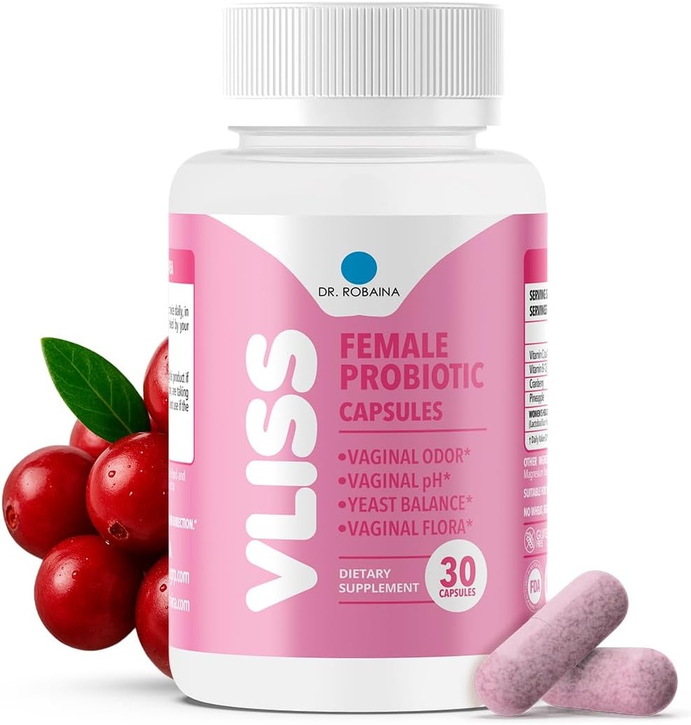 Dr Robaina Women's Daily Vaginal Probiotic + Cranberry & Pineapple, 5 B CFU Lactobacillus (rhamnosus, reuteri, gasseri, crispatus), pH Balance & Odor Control, Vitamin C & B-12, 30 Vegan Capsules