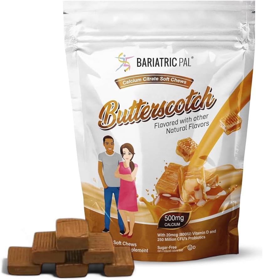 BariatricPal Sugar-Free Calcium Citrate Soft Chews | 500mg med vitamin D & Probiotics | Butterscotch | 90 greve (1 månads leverans)