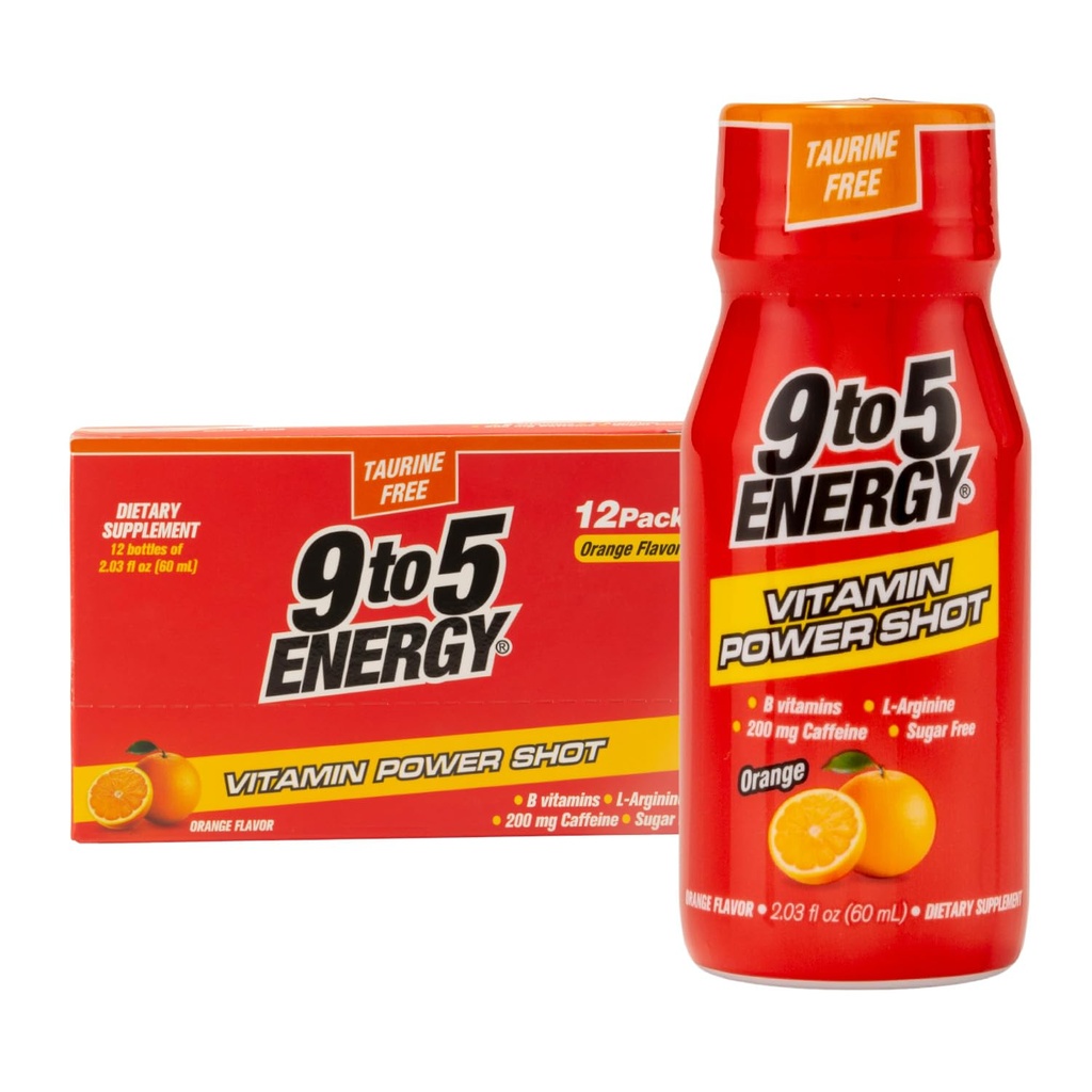 Vitamin Power Shot - Orange smak, Taurine-Free, Sugar-Free, 12 Pack (2.03 fl oz) - Öka energi, fokus och vitalitet med B-vitaminer och L-arginin