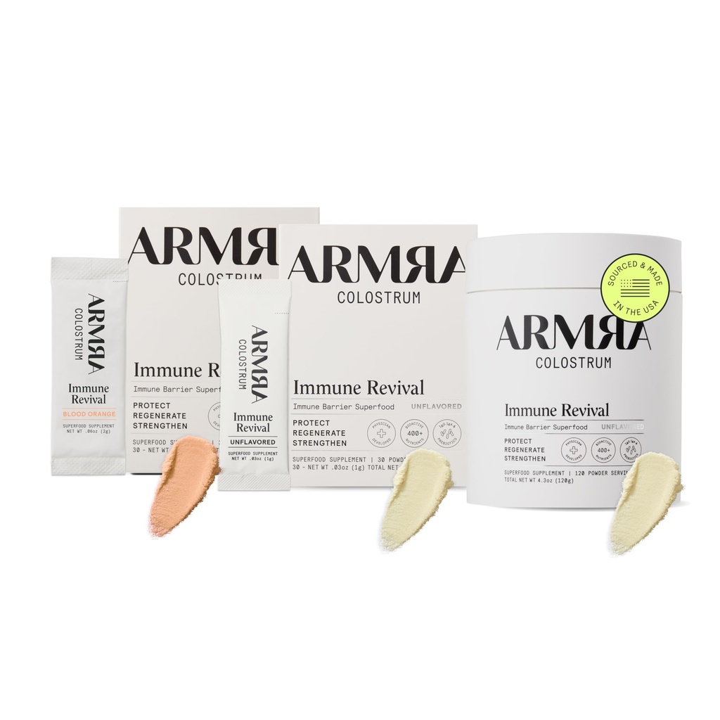 ARMRA ColostrumTM Premium Powder, Grass Fed, Gut Health Bloating Immuniteetti Iho ja hiukset, sisältää 400+ Bioaktiivisia ravinteita, Keto, gluteeniton ja rasvaton (Blood Orange, unmariored Bundle 180 Servings)