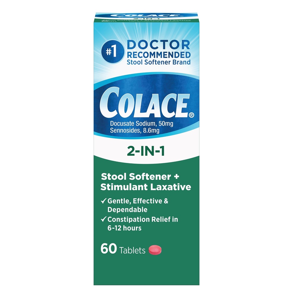 Coace 2-In-1 Stuol Softener Plus Stimulant Laxative for Gentle Tehokas Ummetus Relief, Docusate Sodium Plus Sennosides, 60