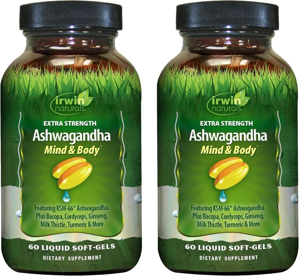 Irwin Naturals Extra Strength Ashwagandha - 60 Liquid Soft-Gels - Hjälper till att öka fysisk och mental prestanda - med Tumeric & Milk Thistle - 60 portioner