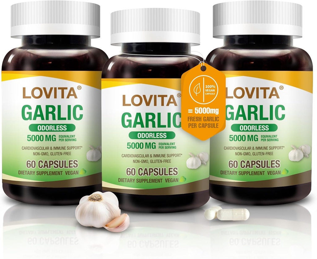 Lovita Odorless Garlic Capsules, 5000mg Fresh Garlic Equivalent, 1.25% Allicin Extract, stöder hjärta, blodtryck, kolesterol & immunsystem, icke-GMO, Gluten-Free, 180 Vegan Capsules