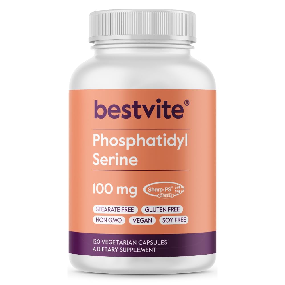BESTVITE Fosfatidylseriini 100 mg per kapseli (120 kasviskapselia) Sharp-PS® Green - Patentoitu ja kliinisesti testattu - Stearate ilmainen - soijaton - Gluteeniton - Vegan - ei GMO