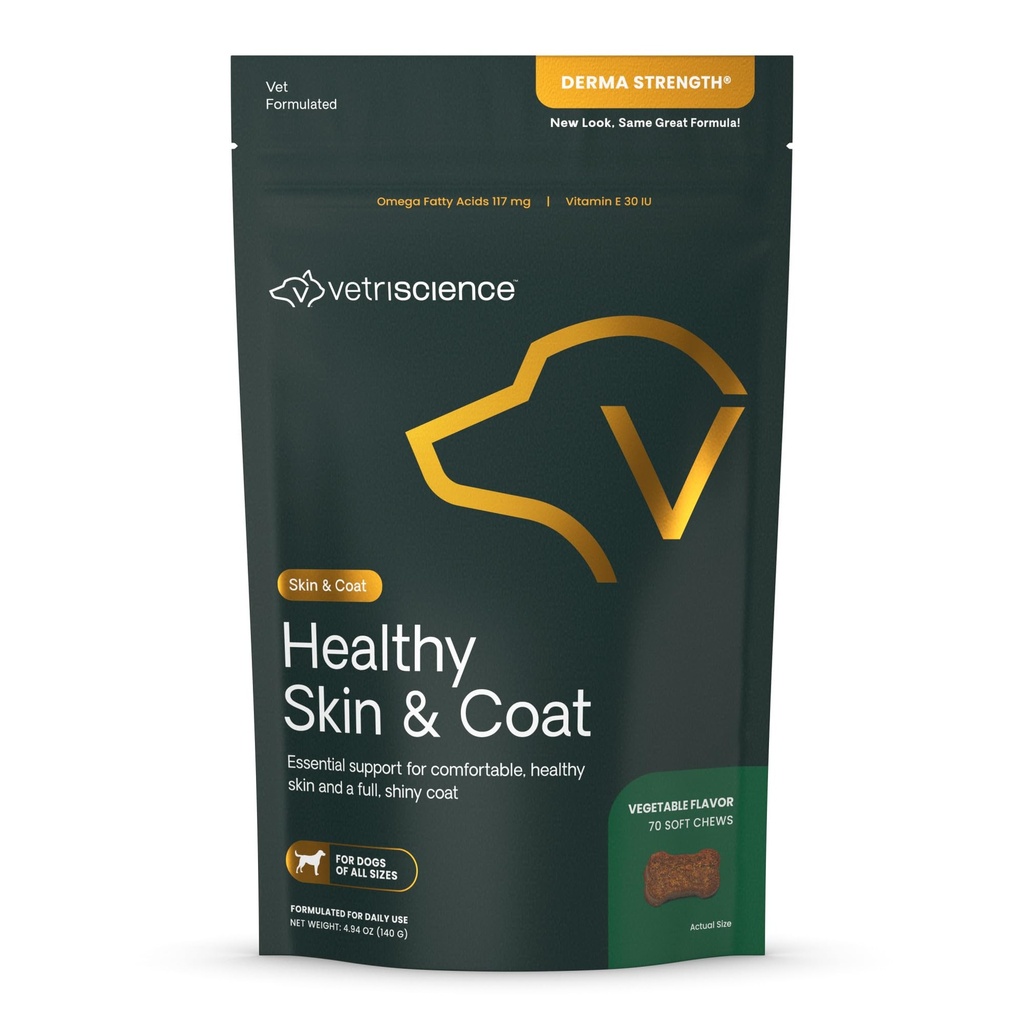 VetriScience Healthy Skin & Coat Chews, Derma Strength Omega-3 Salmon Oil Supplement för hundar, Omega Skin och Coat Chews, Skin Health, Coat Growth, Fish Oil och Vitamin E, Veggie, 70 Count