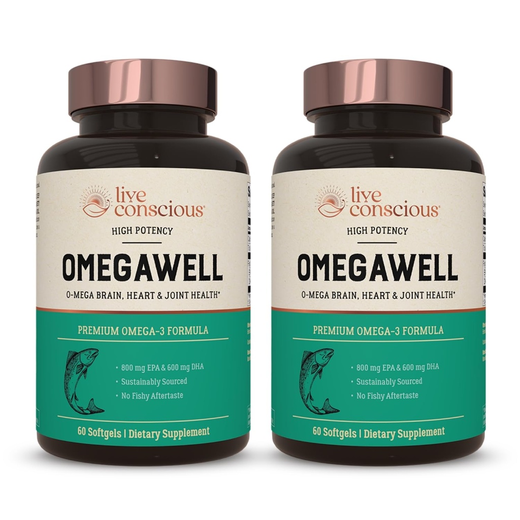 Live Conscious OmegaWell Fish Oil: Heart, Brain, and Joint Support 800 mg EPA 600 mg DHA - Entero-Coated, kestävästi lähdetty - Helppo niellä 120 kreivi (2-pakkaus)