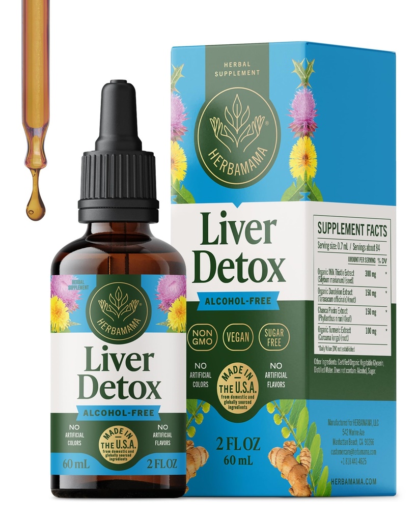 HERBAMAMA Liver Cleanse Detox & Republic - Liver Support Supplement - Liquid Drops maito Thistle, Voikukan juuri & Chanca Piedra - Alkoholi ja sokeriton neste Cleanse Supplement, 42 päivän toimitus