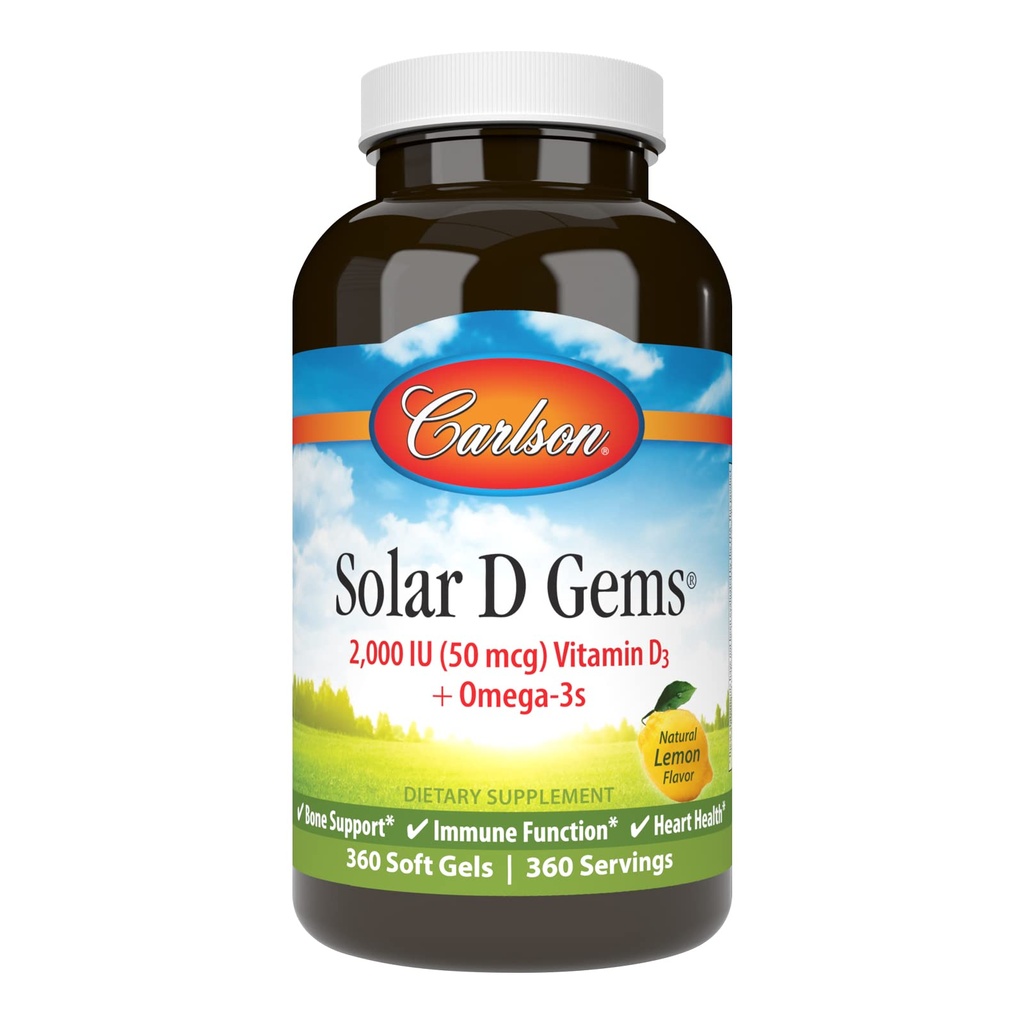 Carlson - Solar D Gems, D3-vitamiini ja Omega-3-lisä, 2000 IU (50 mikrog) D3-vitamiini, 115 mg Omega-3s EPA ja DHA-lisä, Wild Caught, kestävästi lähde, sitruuna, 360 Softgels