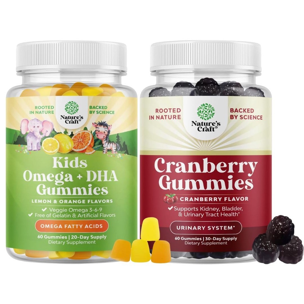 Bundle of Plant Based Omega 3 Gummies lapsille ja Natural Cranberry Gumies naisille ja miehille - Vision Immuniteetti ja keskittyä tuki - virtsateiden terveys Munuaisten tuki virtsarakko ja immuniteetti