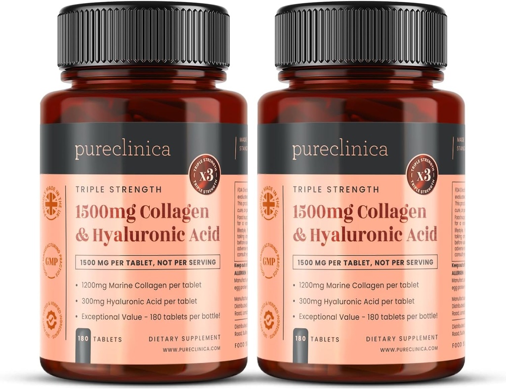 sureclinica UltraColl Collagen & Hyaluronic Acid 1500 mg x 360 tablettia (2 purkkia 180) - 1 vuoden toimitus