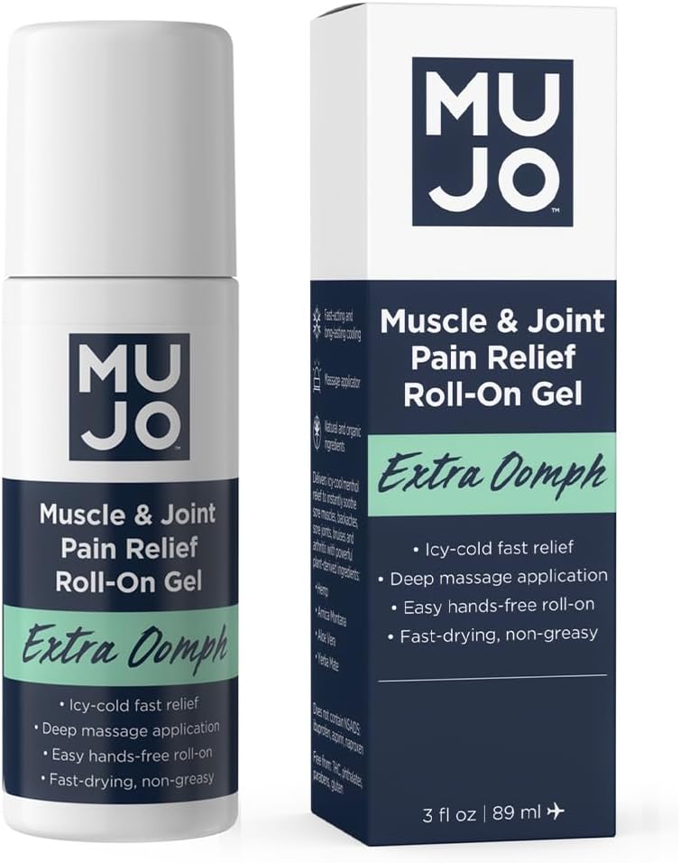 MUJO Extra Oomph - Snabb Smärta Relief Roll-On Gel + Organisk Menthol + ICY Muscle Relief + Fast-Acting Menthol + Aloe + Arnica - för Joint och Back Aches - 3 fl oz