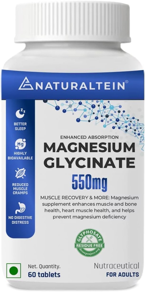 Magnesium Glycinate Supplement - 60 tablettia x 121 mg elementaalinen magnesium, 555 mg kerran päivässä naiset Pure kelated bisglysinaatti hyvän terveyden ja unen - testattu ja luotettava raskas metallit